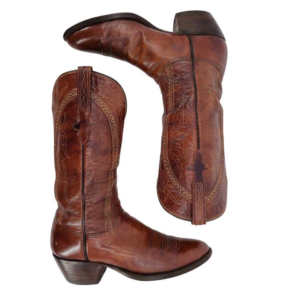 Vintage Lucchese San Antonio Men 8.5D Brown Leather Classic Cowboy Western Boots - Picture 4 of 16